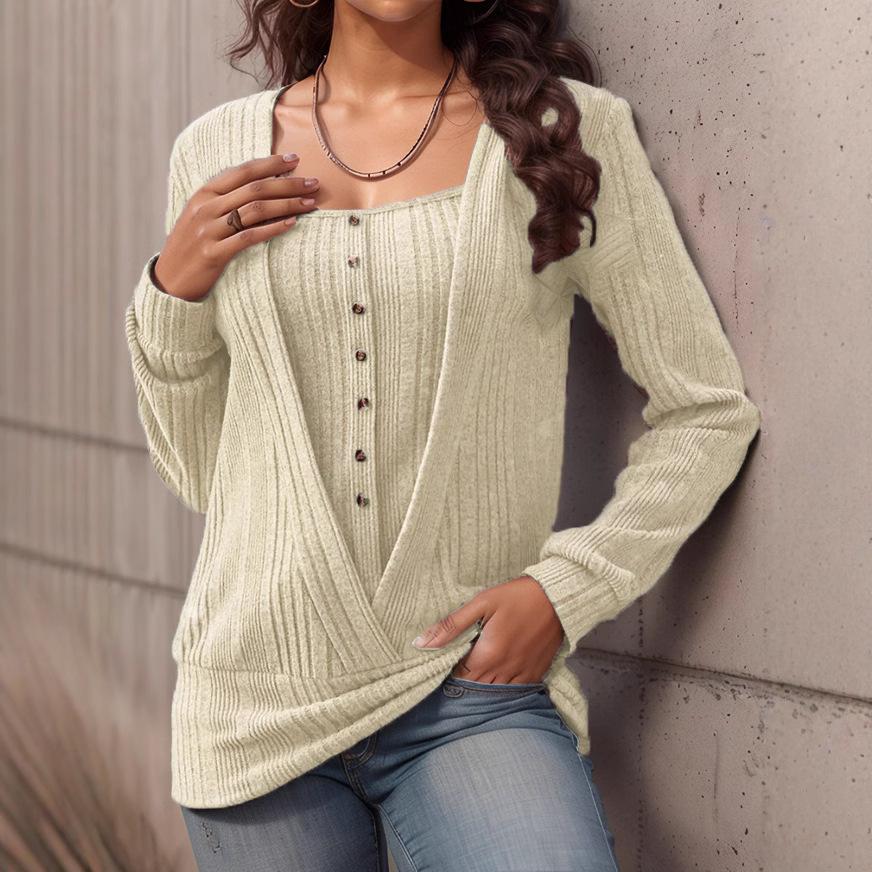2024 New Autumn Winter Women Blouse Fashion Long Sleeve Fake Two-Piece Button T-Shirt Casual Solid Color Square Collar Loose Top