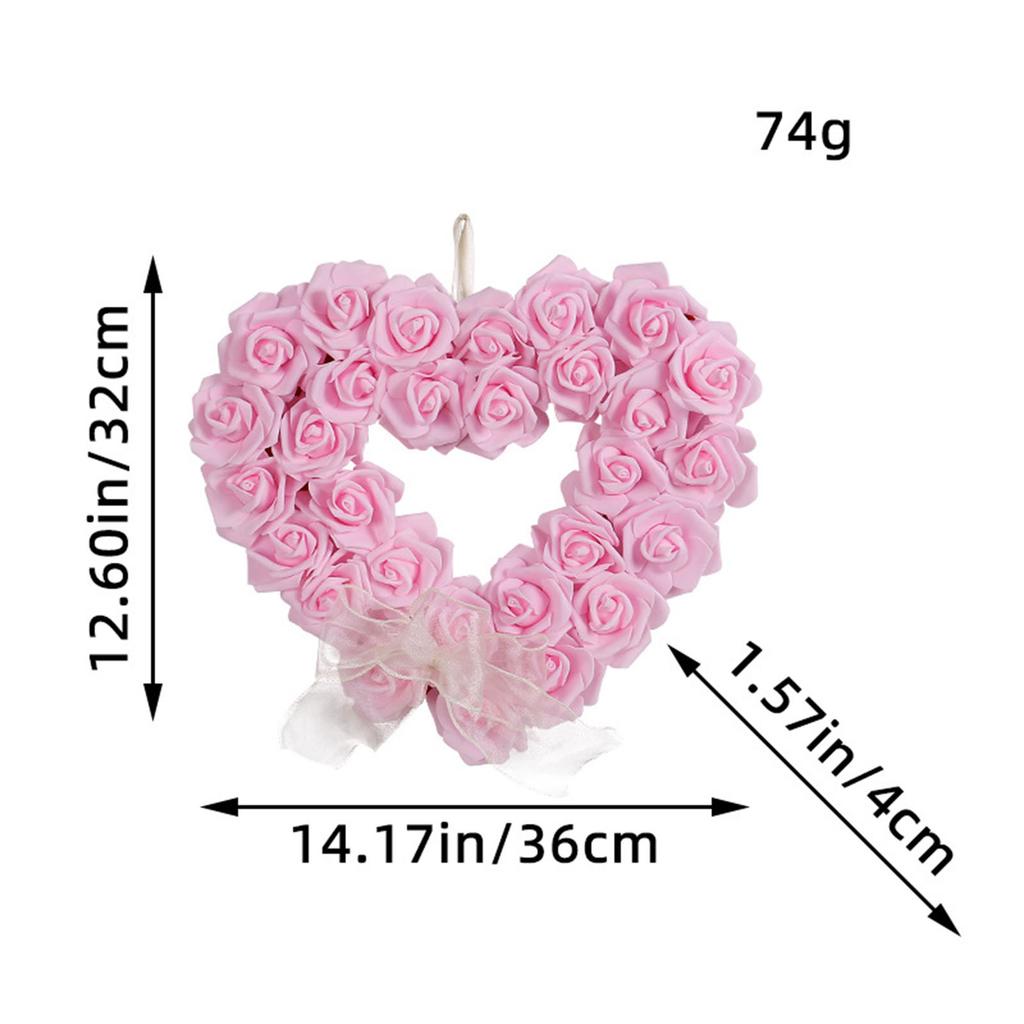Valentine's Day Artificial Rose Wreath with Bows Heart Love Flower Garland Wall Hanging Sign for Front Door Wedding Party Decor