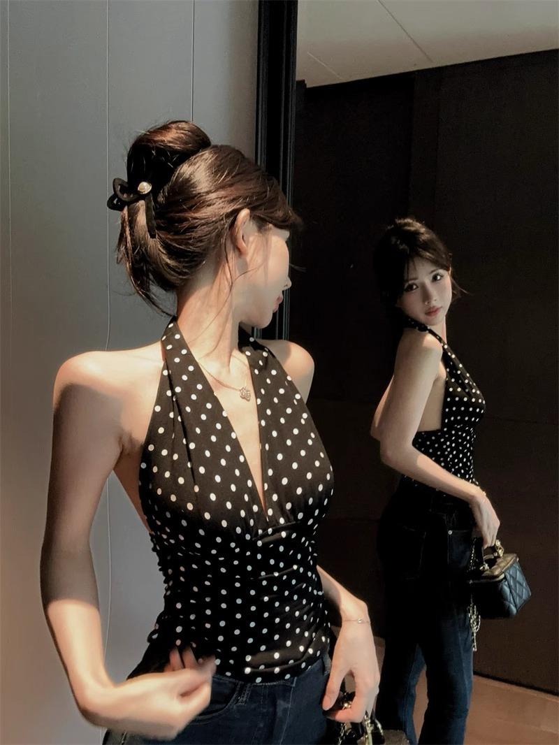 Women Slim Halter Cami Top, Black White Polka Dot Deep V Neck Ruched Waist Sleeveless Backless Summer Figure-Hugging Tank Blouse S