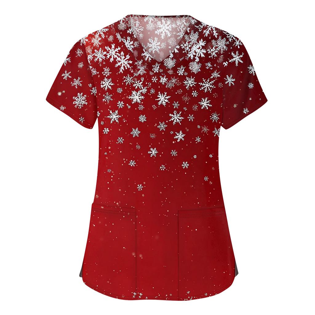 Women's Fashion V-neck Short Sleeve Workwear With Pockets Christmas Printed Tops