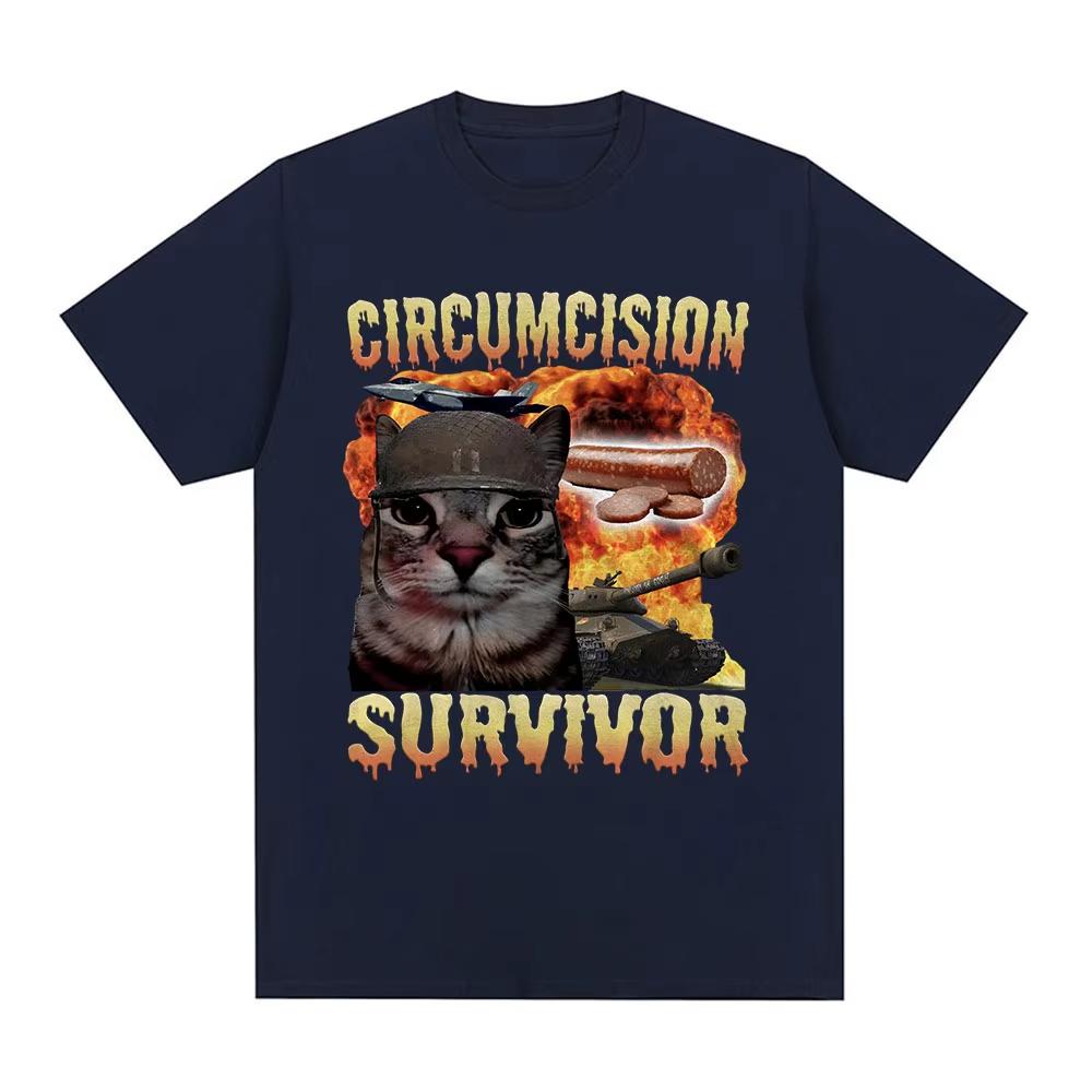 Beschneidungsüberlebender Lustige Katzen-Meme T-Shirts Herren Damen Vintage T-Shirt Lässig Baumwolle Kurzarm Sommer-T-Shirts Streetwear