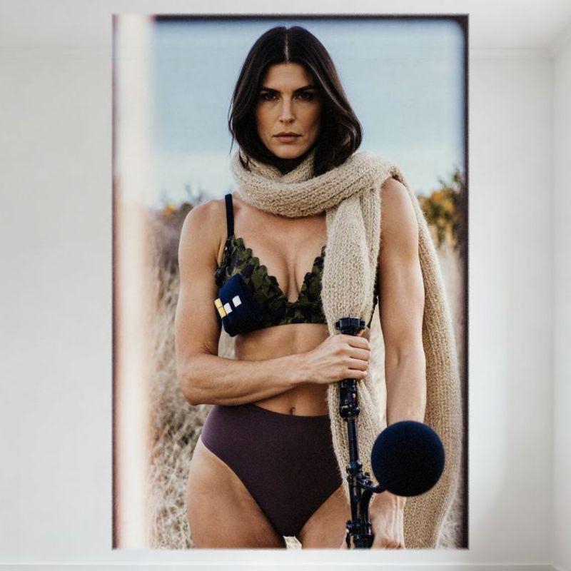 

Sexy Woman Outdoor Fashion Editorial Shoot Tin Sign - Camouflage Bralette Dark Brown Underwear Light Beige Scarf Camera Metal Po 20x30cm（7.8x11.8inch）