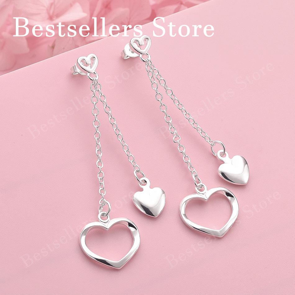 Exquisite 925 Sterling Silver Double-Layer Heart-Shaped Tassel Earrings for Women - Fashionable Party Gift, Engagement Accessory