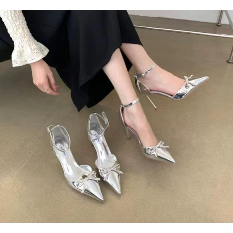 Fashion New Style Fashion Glitter Rhinestones Women Pumps Crystal Bowknot Silk Pointed Toe Buckle Strap Thin High Heels Party Prom Shoes