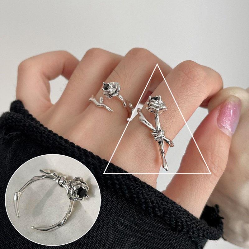 Korean S925 Silver Cross Military Flower Ring: Retro, Adjustable, Fashionable Hip-Hop Index Finger Design for Women.