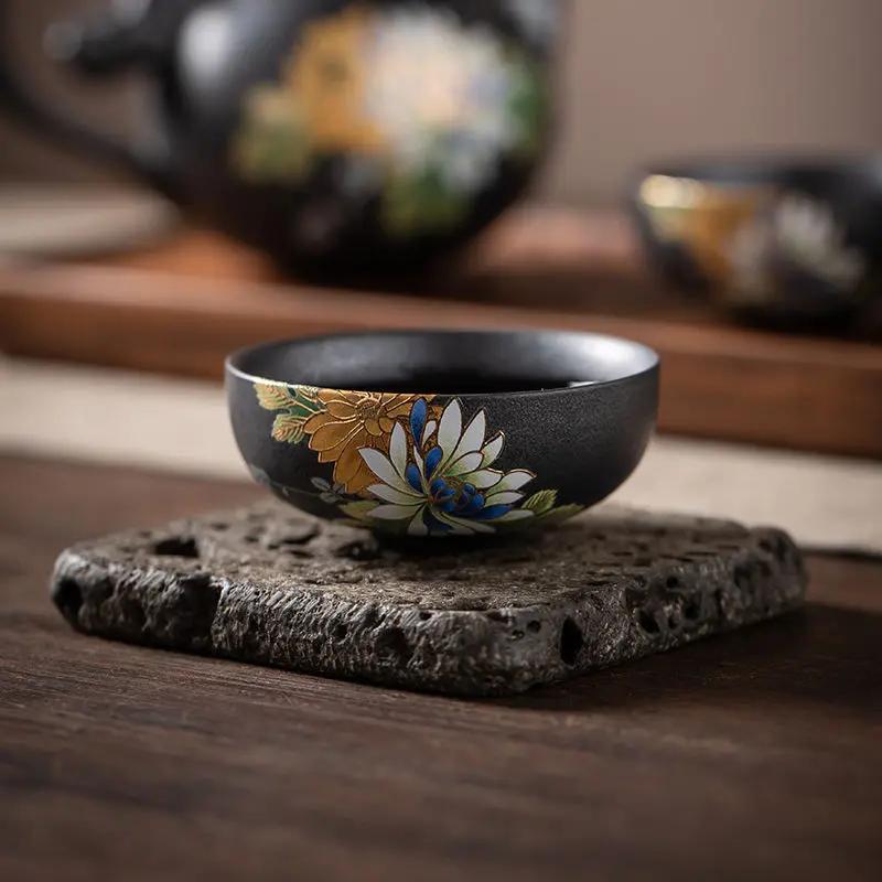 Kiln Turned Silver Black Hot Stamping Relief Craft Tea Cup Goupin Cup Antique Ceramic Master Cup Tea Cup Kung Fu Tea Set