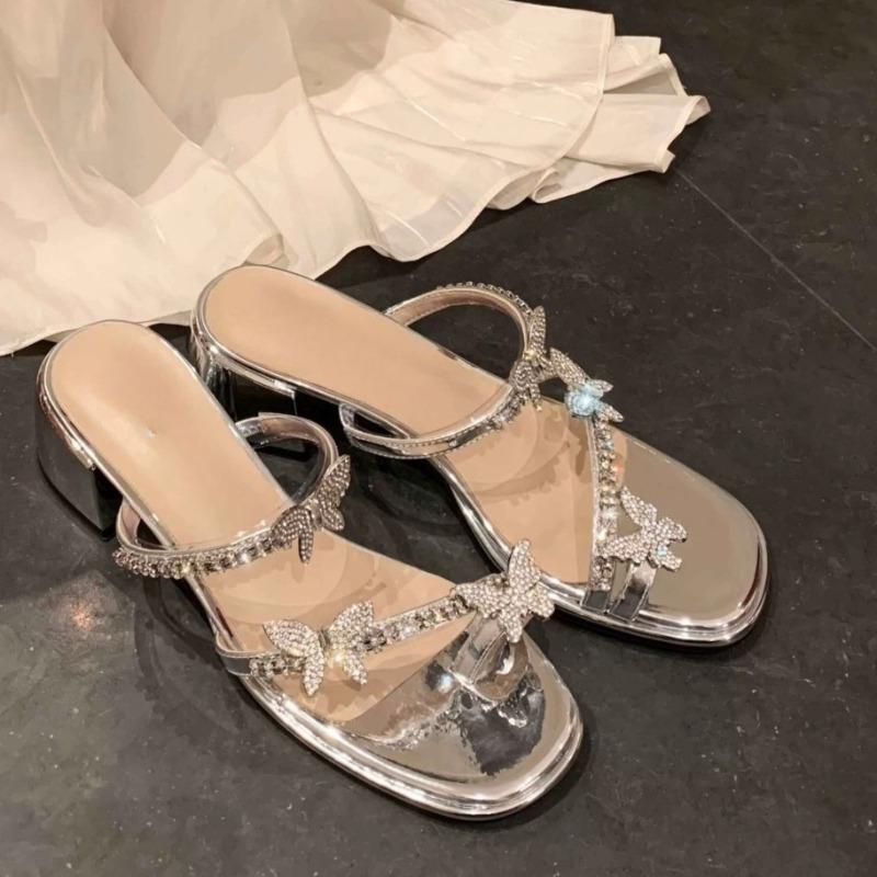 Fashion Women's Fashion Block Heel Slippers Summer New Round Toe Open Toe Sequin Bow Non-Slip Wear-Resistant Knit Shoes