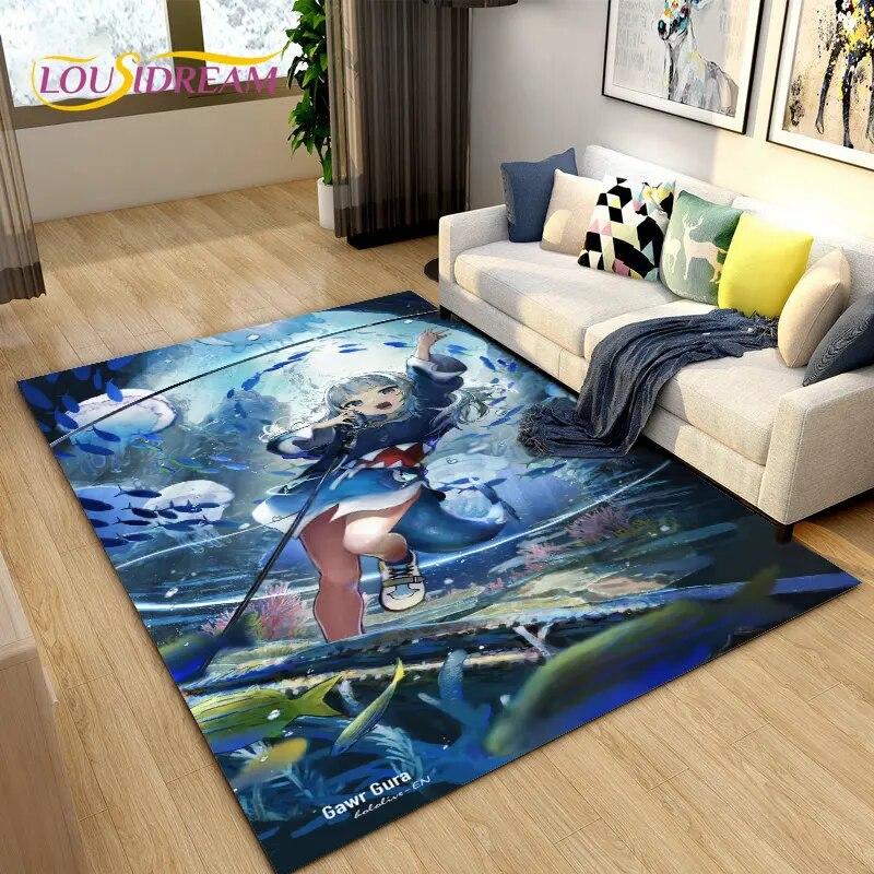 Cute Anime Gawr Gura Hololive Shark Area Rug,Carpet Rug for Living Room Bedroom Sofa Doormat Decoration, Kids Non-slip Floor Mat