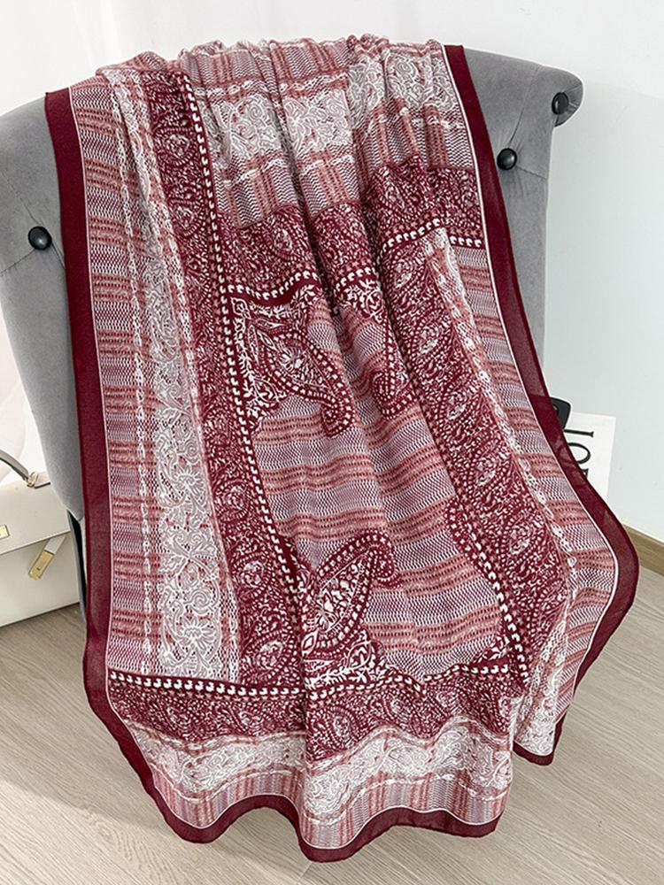 Elegant Women Retro Beach Silk Scarf Striped Print Wrap Shawl Lady Sunscreen Bandanas Hijab Scarve Pareo Headscarf Casual Boho