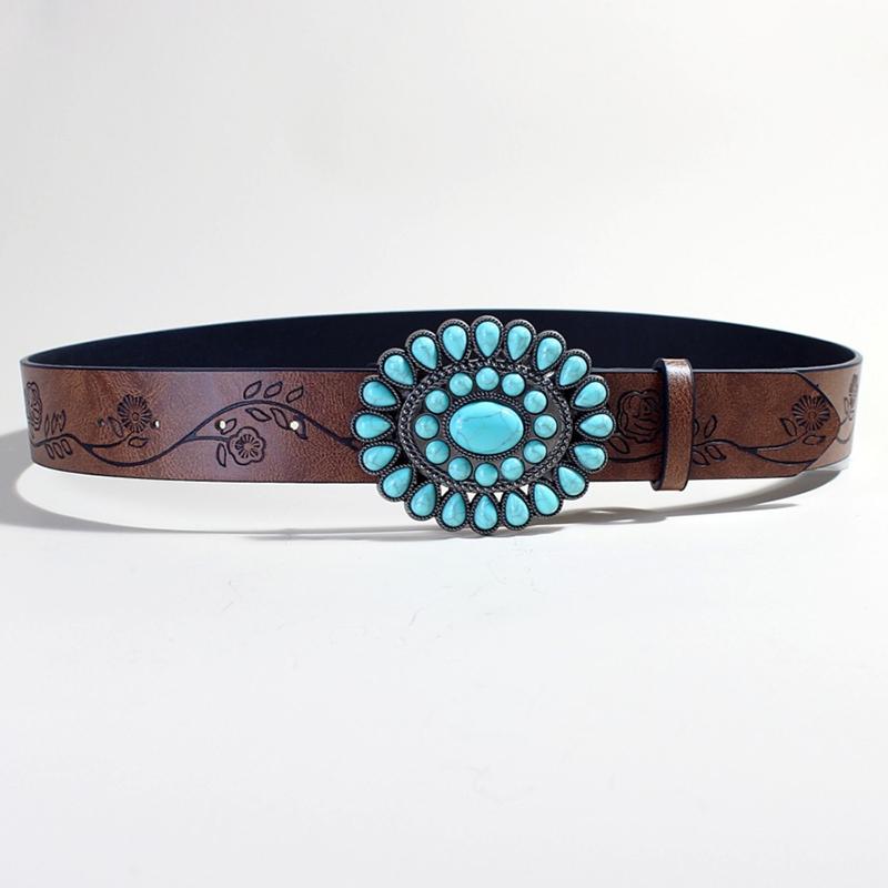 Ladies Wear The Classic Western Belt Embossed Pu Leather Bohemian Style Oval Turquoise Buckle Waist Band