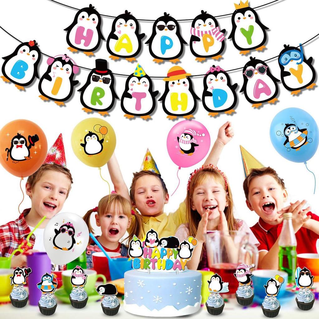 Penguin-themed Party Decoration Set, Penguin Banner Cake Insert, Balloon Set, Children's Birthday Party Supplies