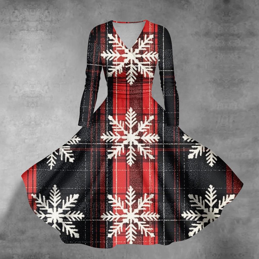 Women's Casual Fashion Christmas Printed Long Sleeve V-Neck Sexy Pocket Dresses