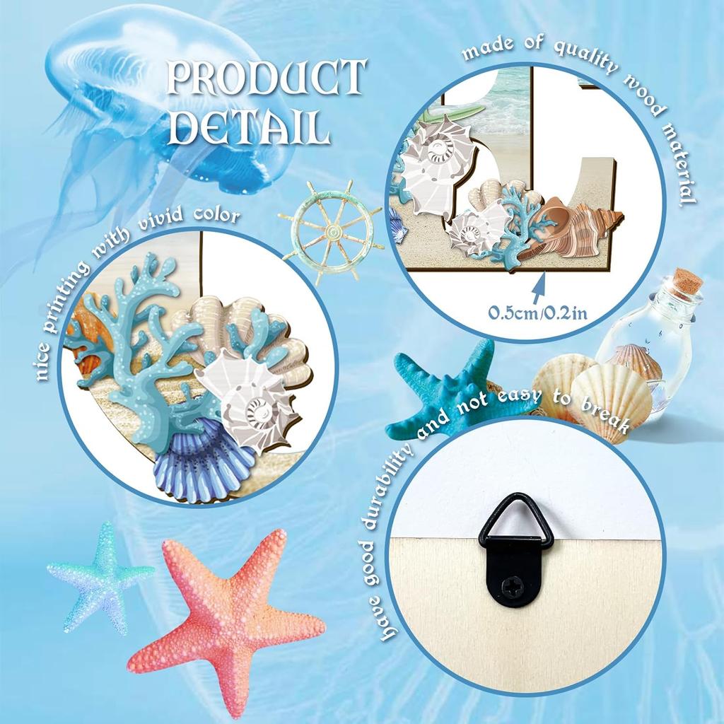 4 Pcs Wood Home Sign Coastal Beach Wall Decor Beach Style Signs Blue Starfish and Shell Wall Decor Beach Theme Sign for Home Letters Hanging Wall