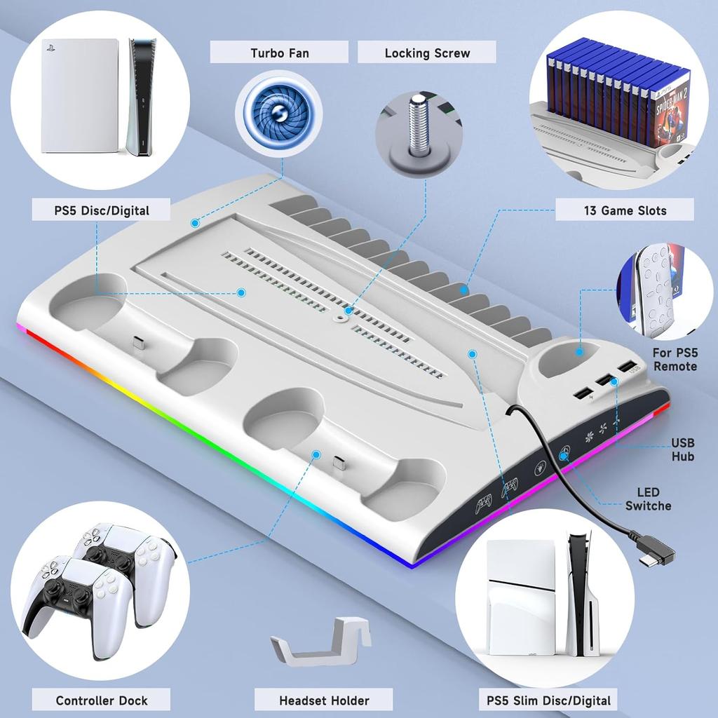 Cooling Station for PS5/PS5 Slim Disc & Digital Console, PS5/PS5 Slim Stand Cooling Stand with RGB Controller Fast Charging Station for PS 5 Console,