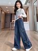 Girls' Star Appliqué Wide-Leg Denim Pants - Autumn 2026 Collection, Versatile Straight-Leg for Medium and Large Children