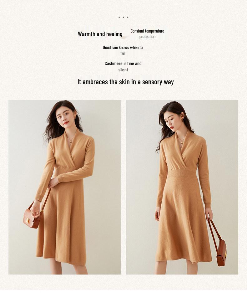 Autumn/Winter Cashmere Cross-Collar Long Knit Dress - Slim-Fit Skirt for Elegant and Commuting Style