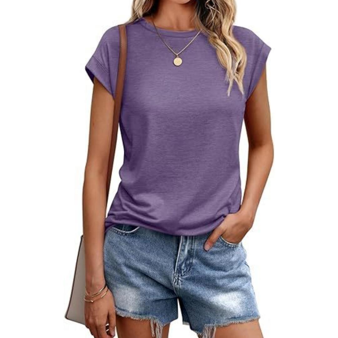 

Жіноча літня повсякденна базова футболка з круглим вирізом Однотонні бавовняні повсякденні жіночі топи з короткими рукавами Топи Спортивна сорочка L фіолетовий