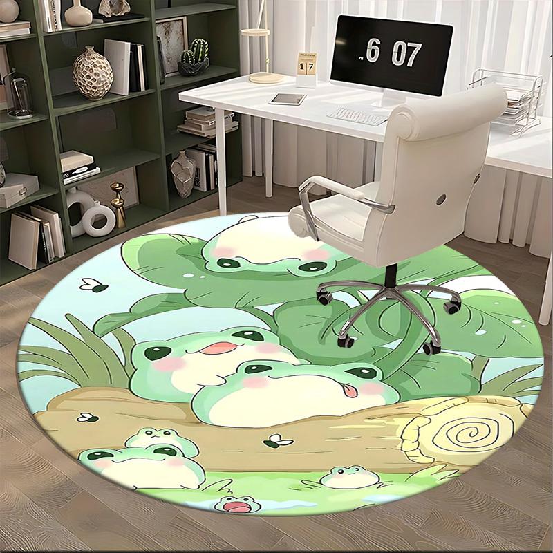 1 Stück Süße Froschfamilie Runder Teppich Anime-Design Bürostuhlmatte, Rutschfester Teppich für Heimdekoration