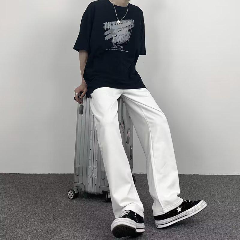 Trendy Men's White Hong Kong Style Straight & Wide Leg Cropped Jeans