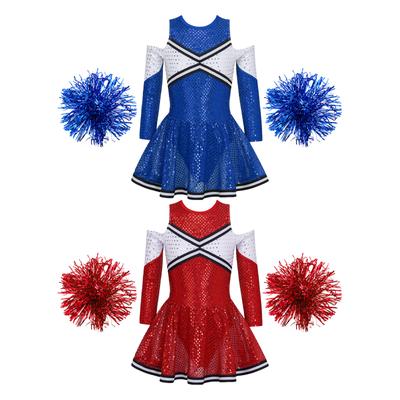 Kids Girls Cheerleading Performance Costume Long Sleeve Round Neck Shiny Sequins Dress with Flower Balls
