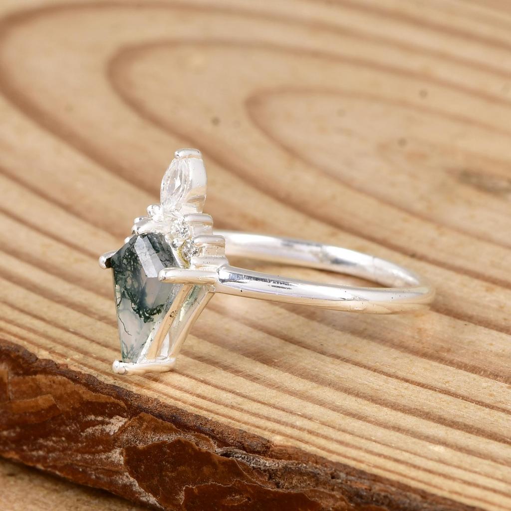Vintage Moss Agate Promise Ring with CZ Halo | Nature Inspired Sterling Silver Ring | Moss Agate & Cubic Zirconia Engagement Ring