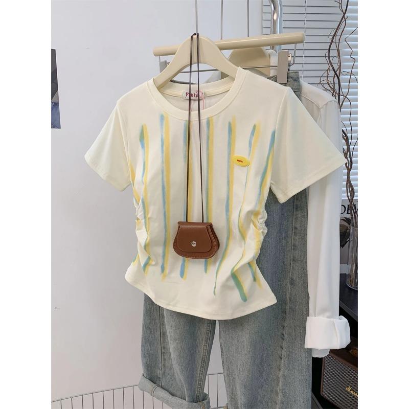 

Womens Abstract Striped Ruched Side Short Sleeve T-Shirt S хаки