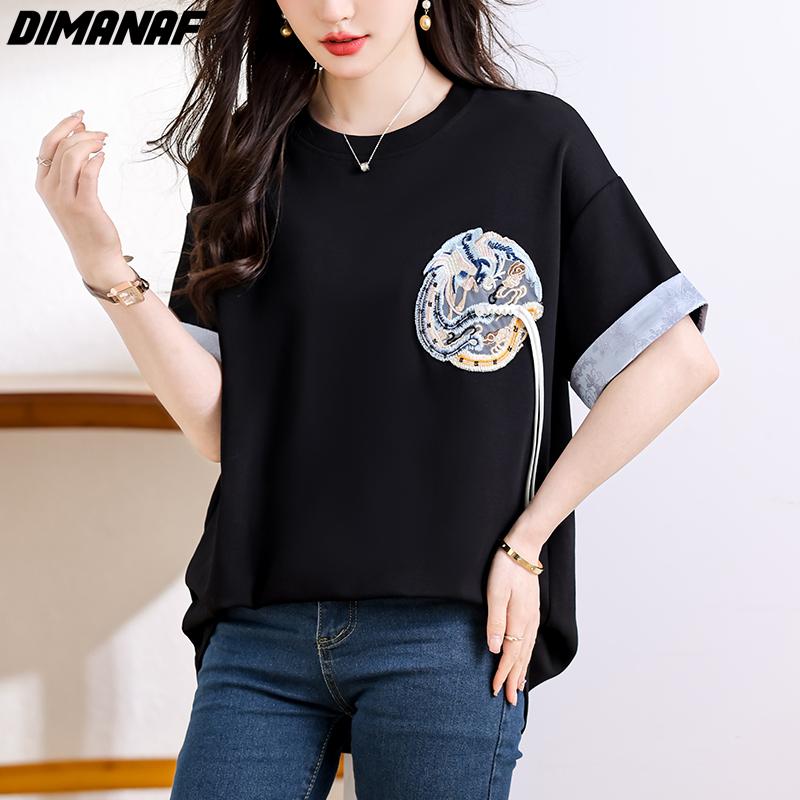 

DIMANAF 2024, новая летняя женская футболка, винтажные свободные однотонные топы с короткими рукавами и круглым вырезом, повседневная рубашка M белый