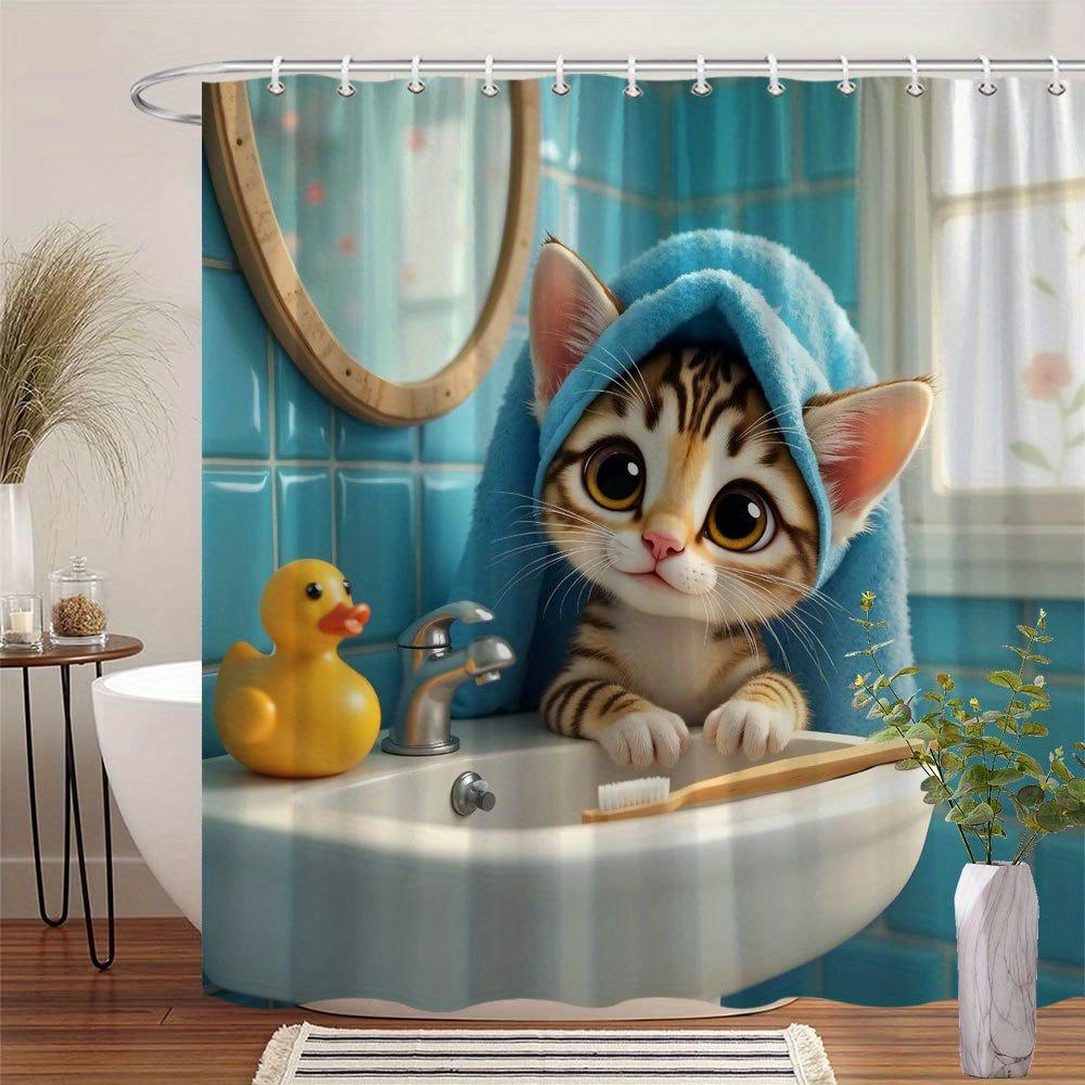 Cute Cat in Bathroom Waterproof Shower Curtain - Adorable Pet Decor, High-Quality Fabric, Durable and Stylish Design