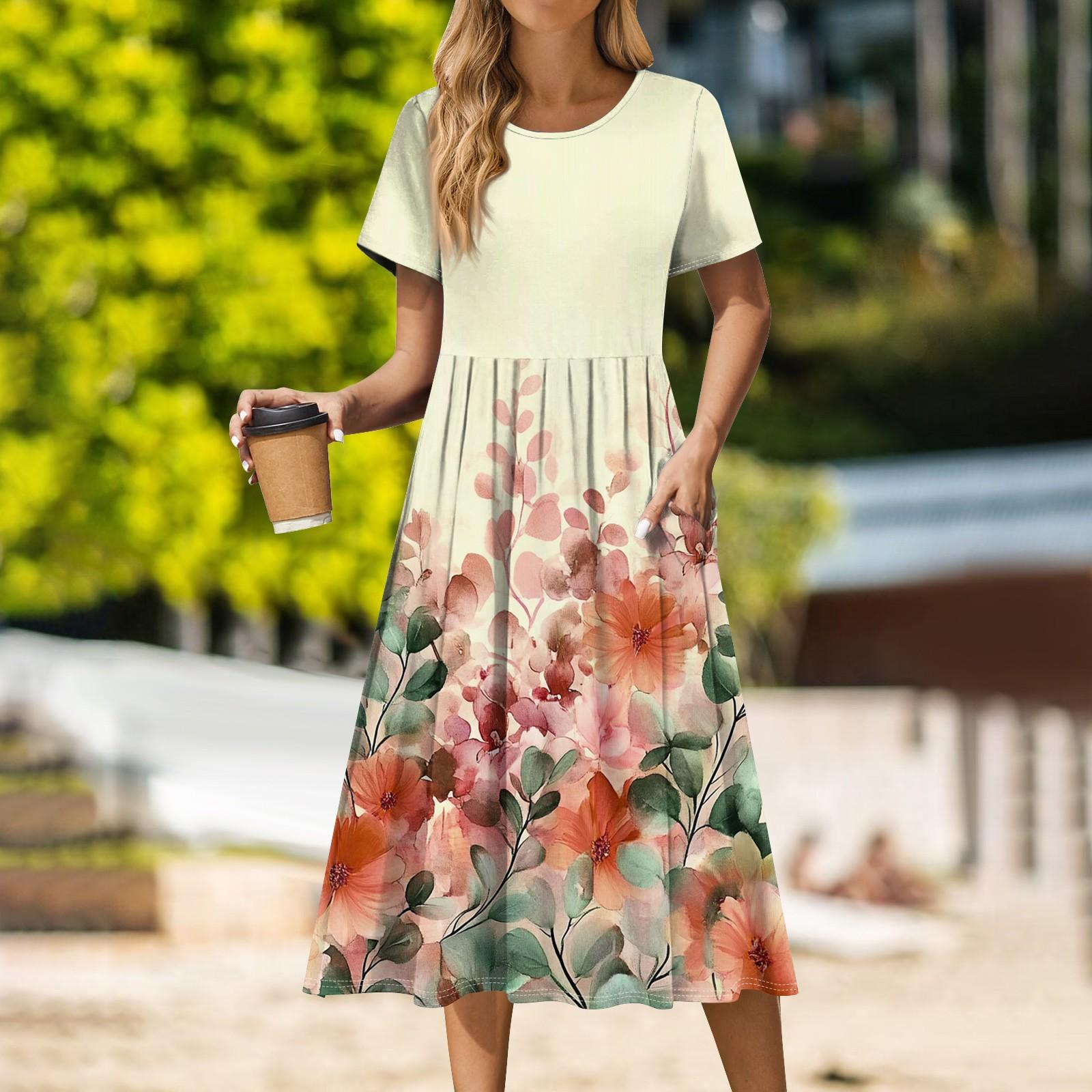 

Женское повседневное платье миди с милым рисунком и круглым вырезом, классическое повседневное свободное платье с коротким рукавом XL жёлтый