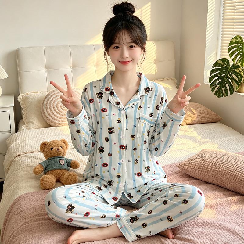 Natal year pajamas women's spring and autumn new imitation cotton long-sleeved red cute cartoon loungewear two-piece set