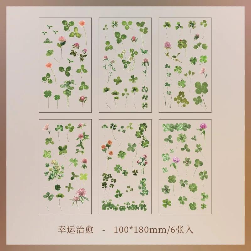 

6pcs/pack Transparent PET Stickers Scrapbooking Materials DIY Junk Journal Collage Floral Leaves Plants Decor Stickers