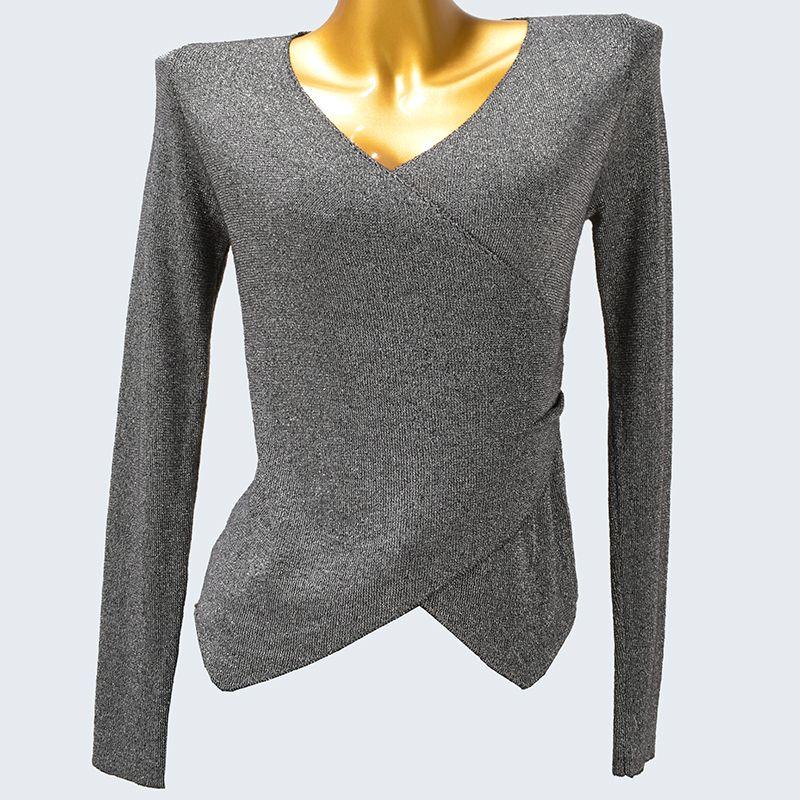 Spring and Autumn Knitting V Neck Cross Short Long Sleeves Pullover Pure Color Silver Silk Pure Color Silm High Elasticity Soft Women