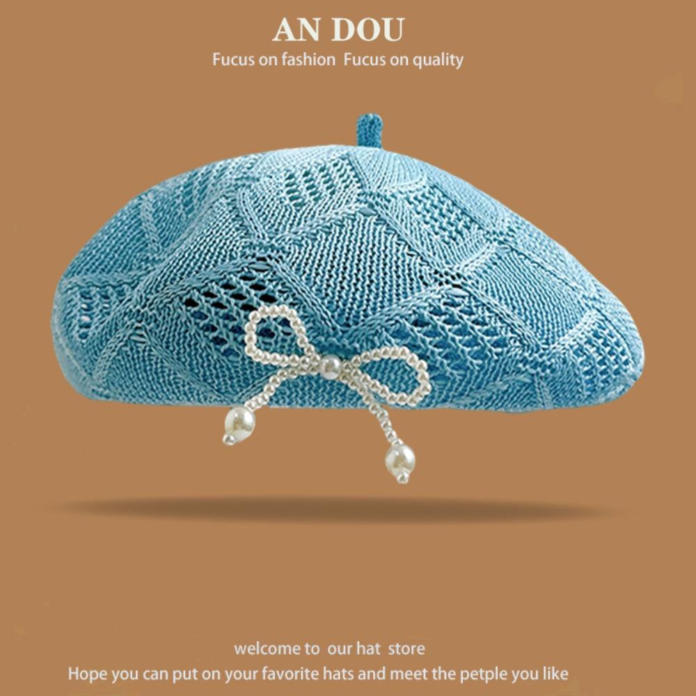 Summer Painter Hat Knitted Lady Pumpkin Hats Korean Hollow Beret Hat синий