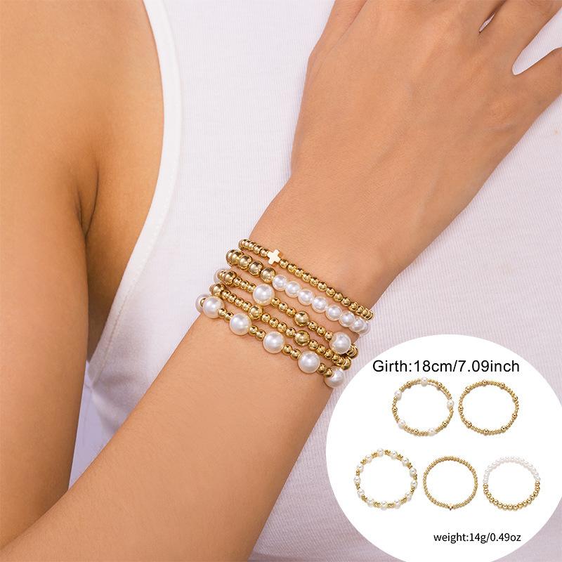 Imitation pearl bracelet women's temperament high-end pearl cross pendant beaded combination stacked bracelet