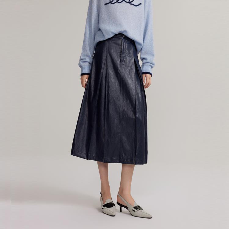 ELLE French Design Pleated Midi Skirt Solid Color Vintage Style Leather Long Skirt Women skirts Dark-Blue ER40050