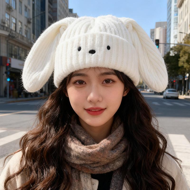 

Новая осенне-зимняя милая шапка с мультяшными кроличьими ушками для женщин, теплая, для защиты ушей, вязаная шапка, подчеркивающая маленький овал лица, шерстяная шапка от холода M（56-58cm）