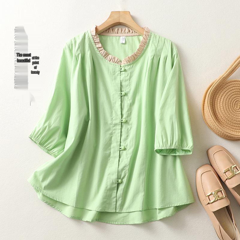 2026 Casual Retro Summer Short Sleeve Loose Cotton Linen Women s Top L зелёный