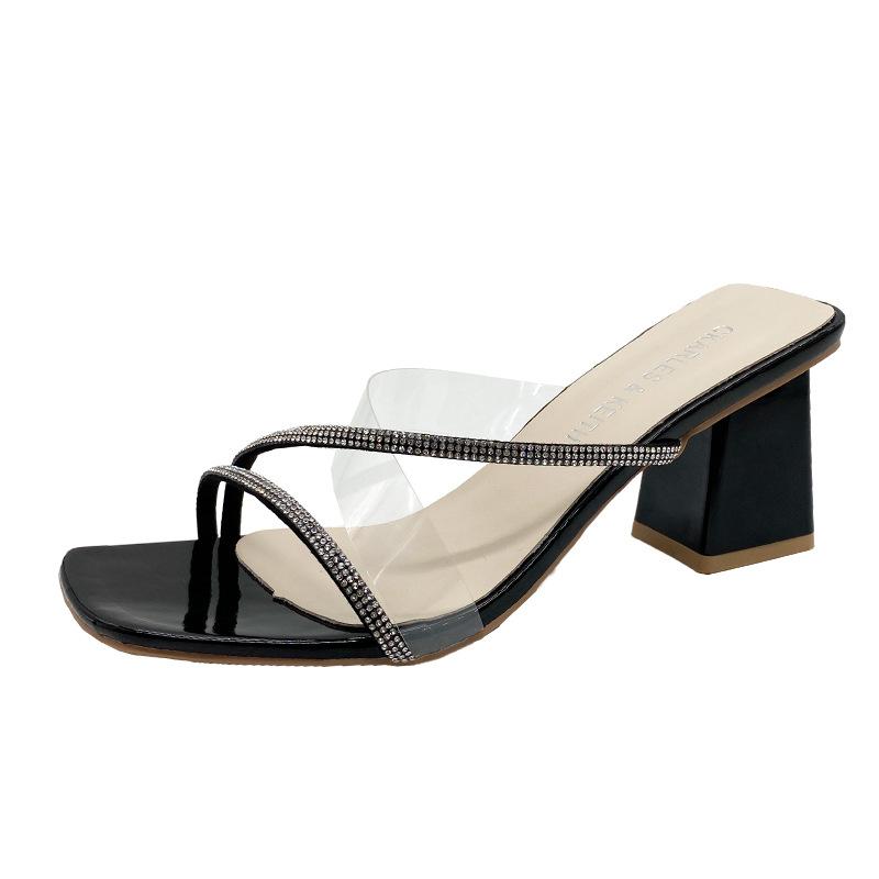 Sommer neue Damen Dicke Ferse Hausschuhe einfach Mode transparent kühl Hausschuhe tragen eckige Zehen halbe Hausschuhe