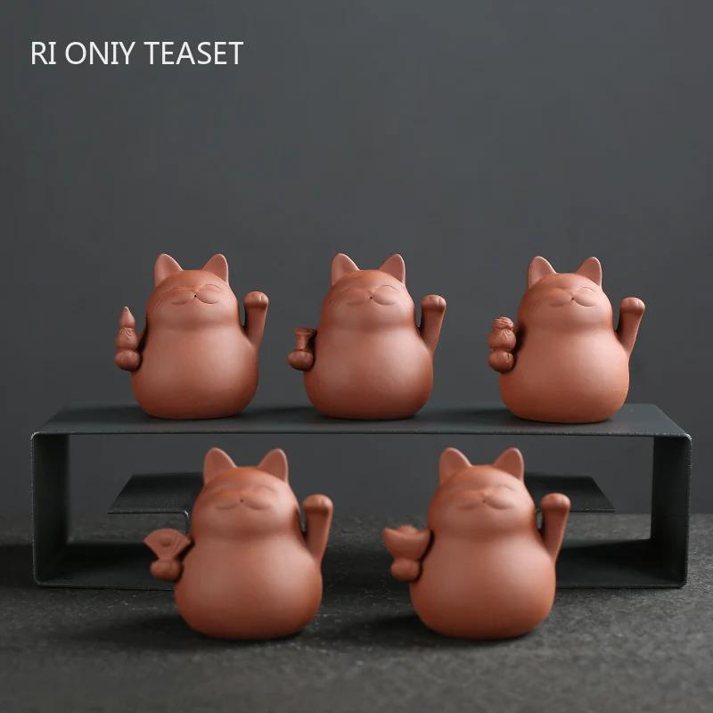 1 Pc Chinese Purple Clay Tea Pet Handmade Lucky Cat Animal Statue Ornaments Sculpture Tea Figurine Decoration Household Tea Set