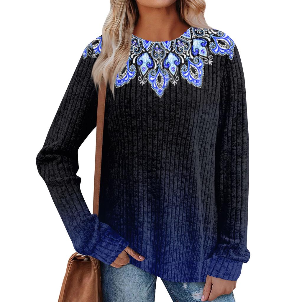 Women's Winter Color-Block Printed Lightweight Brushed-Cotton Round Neck Top