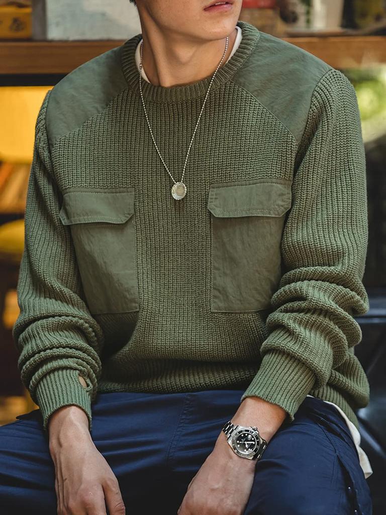 US Army TYPE Command Sweater with Long Sleeve Crew Neck [Norman] Men's Pockets, (Green, M)