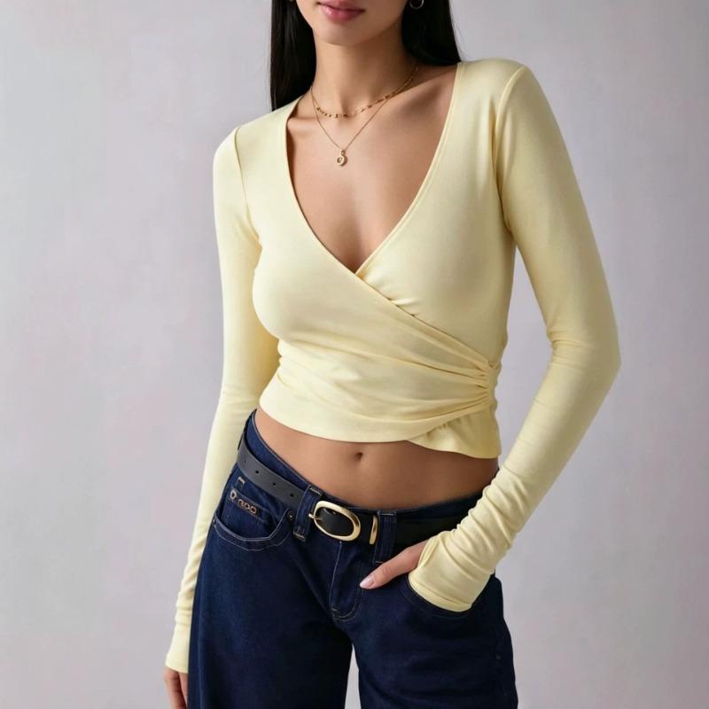 Women S Slim Fit V Neck Long Sleeve T Shirt With Cross Waist Wrap