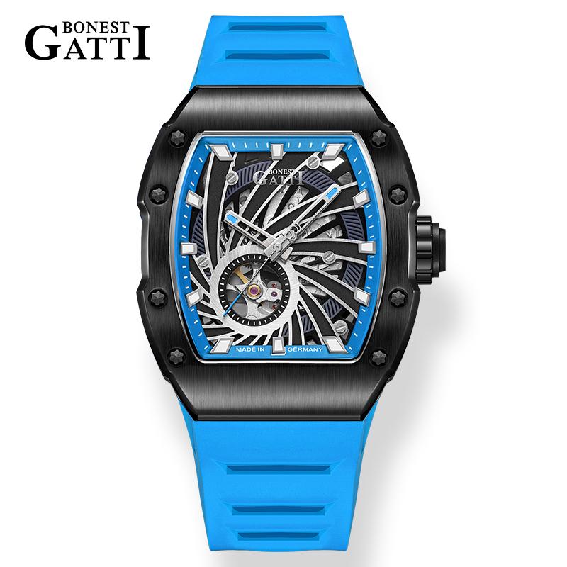 BONEST GATTI BG9902 Phantom Speed Automatic Skeleton Mechanical Watch Stainless Steel Case Rubber Strap Wristwatch for Men