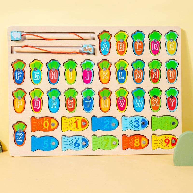 Children'S Early Education Puzzle Color Alphanumeric Cognitive Pairing Fishing Wooden Desktop Interactive Game