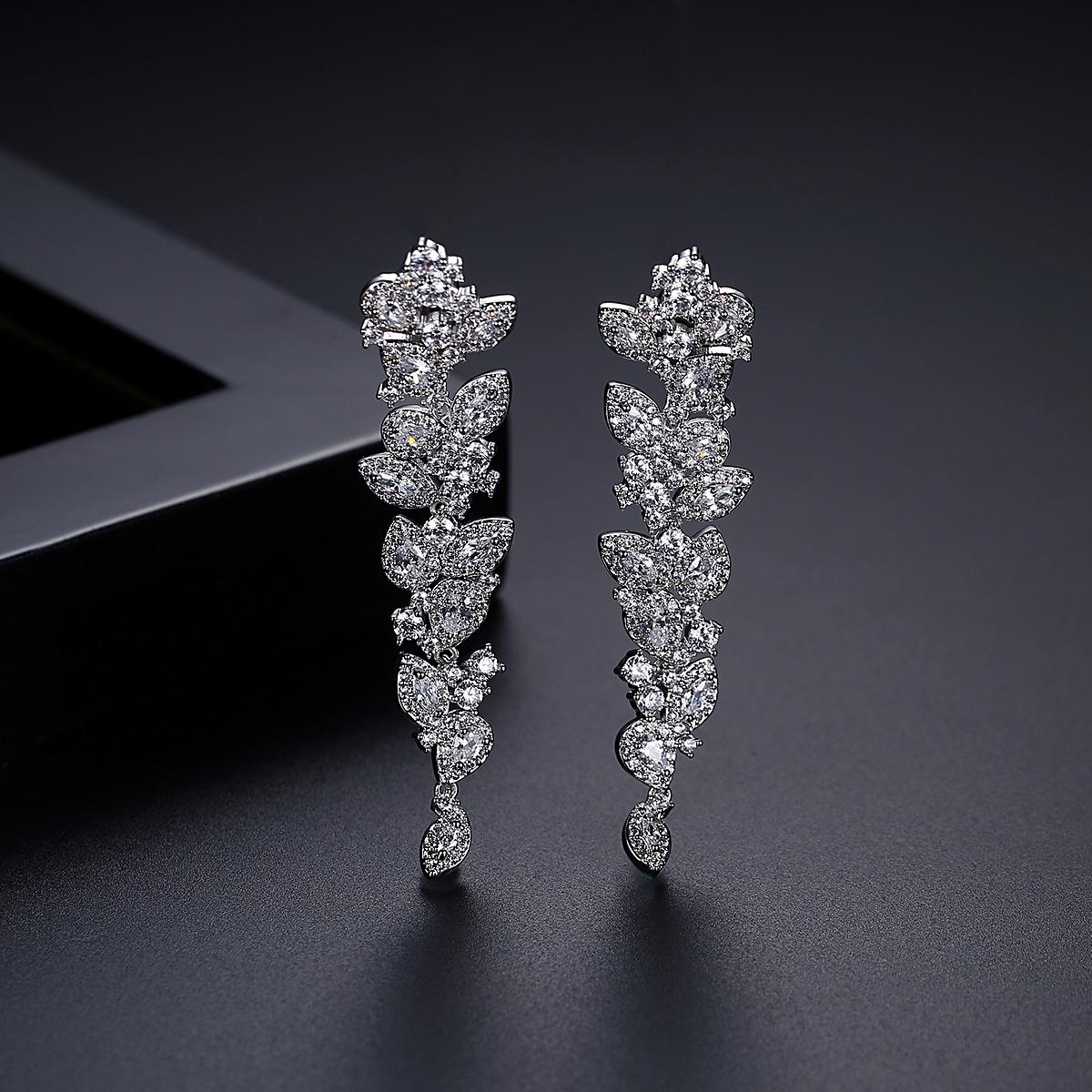 LUOTEEMI Hot Trendy Rhodium Gold Plated Long Tassel Chained Earrings Full Diamond Zircon Bling Bling Leaf Flower Drop Earring
