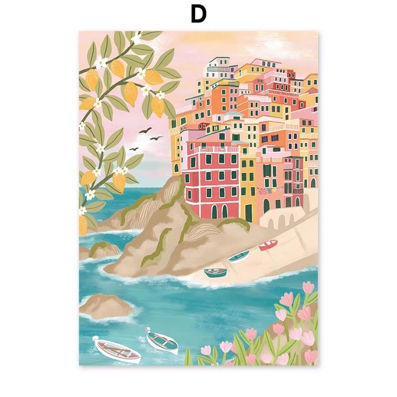 Santorini Zitronen Kaffeeblumen Abstrakte Landschaft Poster und Drucke Wandkunst Leinwandgemälde Bilder Für Wohnzimmer Heimdeko