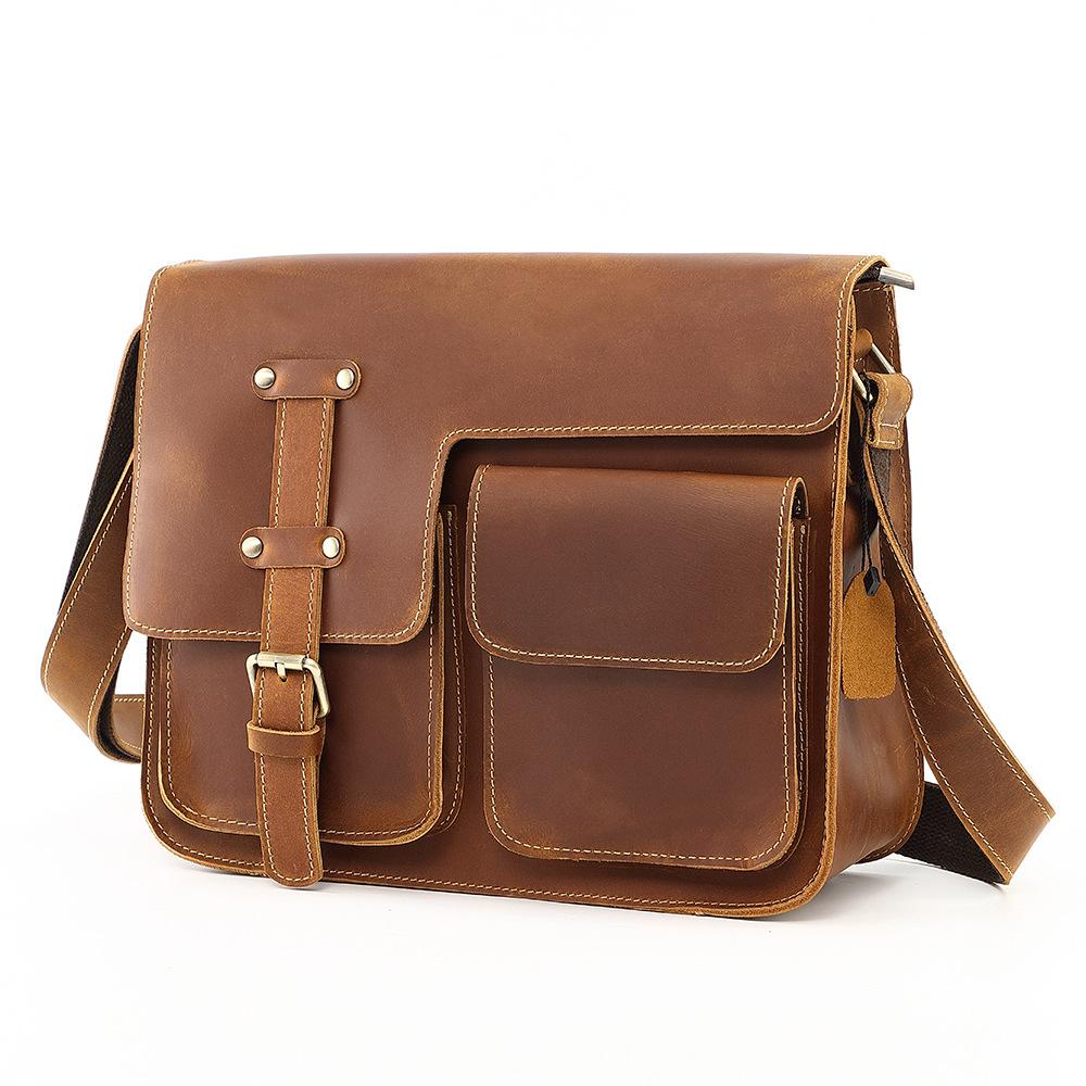 Men's Genuine Leather Crossbody Bag, Crazy Horse Cowhide Mailman Bag, Men's Single Shoulder Multifunctional Computer Briefcase