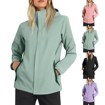 Women Solid Stripe Rain Jacket Outdoor Plus Waterproof Hooded Raincoat Windproof