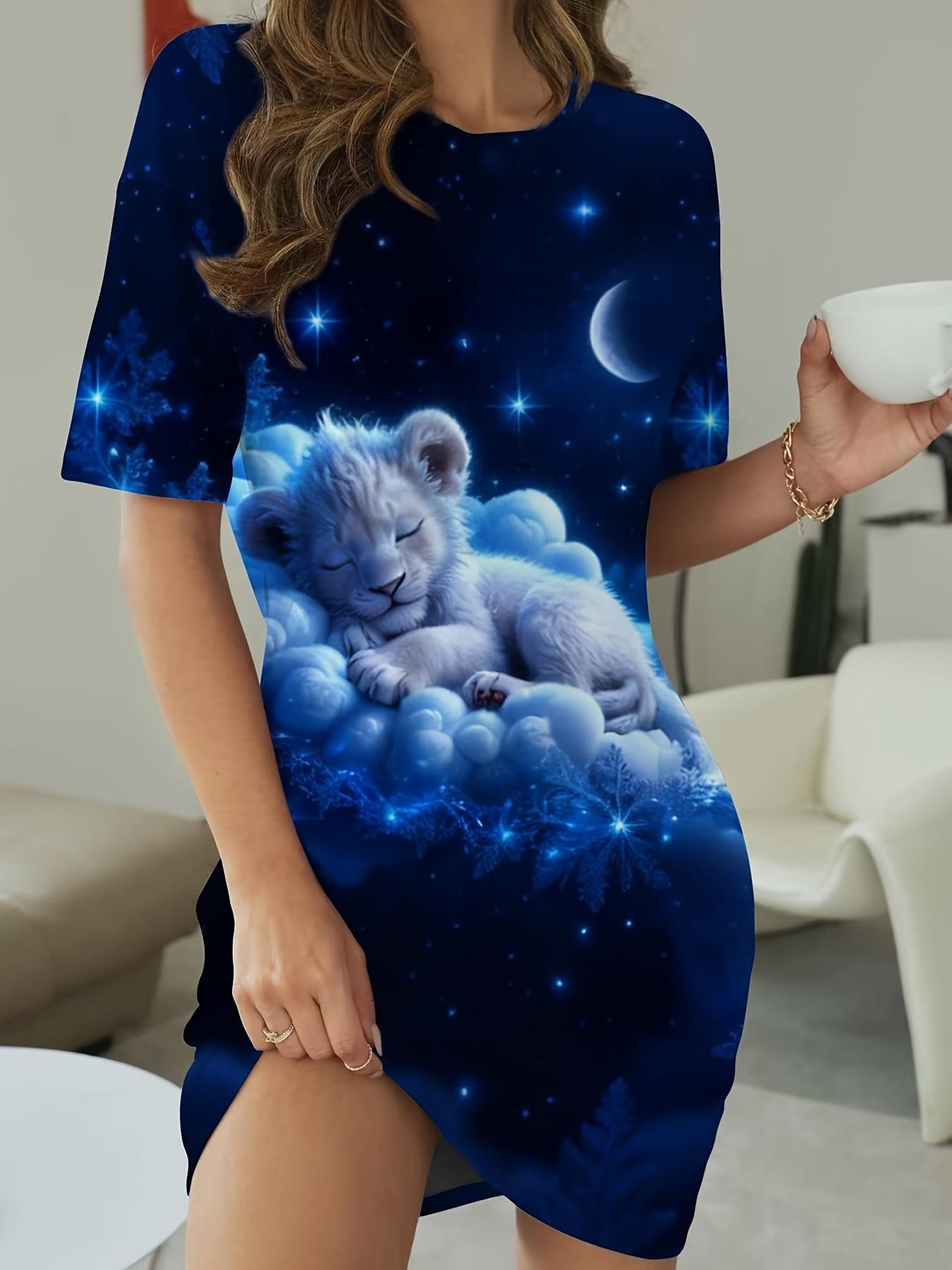 

Women s Nightdress with Starry Sky ; Sleeping Lion Cub Print - Breathable Round Neck Dress Suitable for - Wear. Machine Washable Sleep Dress for - Ele 6XL дубильна кора