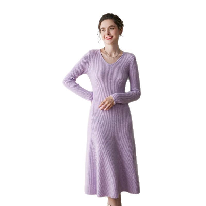 Women's Cashmere V-neck Ribbed A-line Sweater Dress - 2025 Autumn/Winter